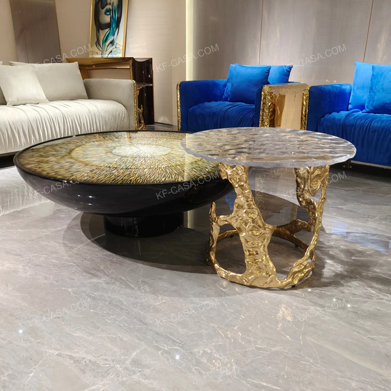 Artistic Coffee Table Set with Radiant Pattern Top and Sculptural Metal Base